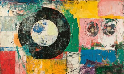 A colorful abstract painting with a large circle in the middle