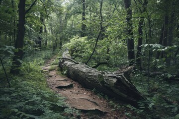 Aufkleber - A fallen tree lies across a winding path in a lush, green forest during the quiet hours of early morning, surrounded by vibrant foliage and wildlife