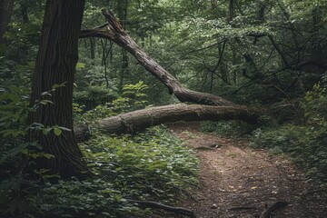 Aufkleber - A fallen tree lies across a winding path in a lush, green forest during the quiet hours of early morning, surrounded by vibrant foliage and wildlife