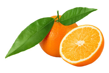 Wall Mural - Orange fruit with leaves isolated on white background with full depth of field