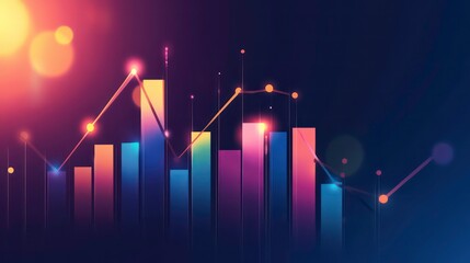 Poster - Abstract colorful bar graph with glowing lines representing growth on a dark blue background.
