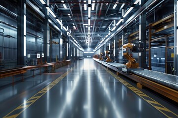 Robotic arm operating on a conveyor belt in a modern manufacturing facility during daytime, illustrating automation in production processes