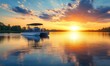 © Valentyna - A pontoon boat sailing on a lake with a stunning sunset, capturing the idyllic and peaceful nature of a quiet evening on the water, ideal for relaxation and reflectio