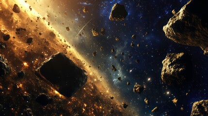 Wall Mural - a dramatic depiction of an asteroid belt with glowing debris in the foreground and a distant galaxy 