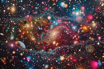 Poster - A vibrant cosmic landscape filled with colorful stars, nebulae, and celestial bodies, depicting the vastness of the universe under a shimmering night sky