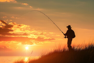 Fisherman with a fishing rod at sunset