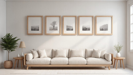 There are empty photo frames on the living room wall, an interior design illustration mockup template, and an empty poster frame mockup template.	