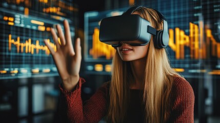 Poster - Young Woman Wearing VR Headset Interacting with Data Visualization