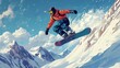 © Ckip - Snowboarder wearing an orange jacket performing a jump on a snowy mountain slope with clear blue skies. Digital illustration of winter sports action.