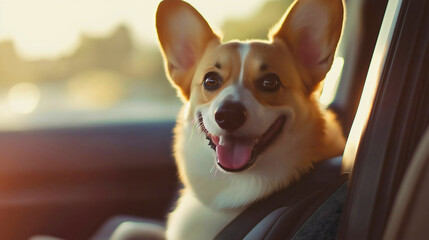 Happy corgi dog or puppy sitting in a car, enjoying a fun travel adventure on the road, this cute pet embraces the excitement of vacation with a joyful smile and curious look out the window