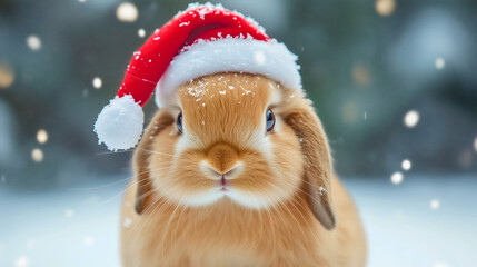 Rabbit bunny wearing red Christmas hat surrounded by snow, capturing winter holiday spirit with cute festive charm, perfect for merry celebrations and cheerful seasonal moments