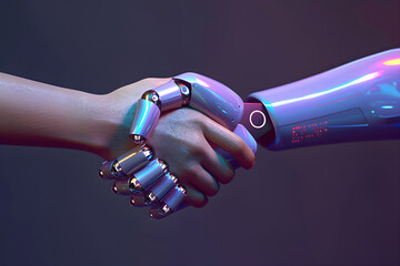 A handshake between a modern robot and a human on a dark gray background. The futuristic digital age, the science of robots