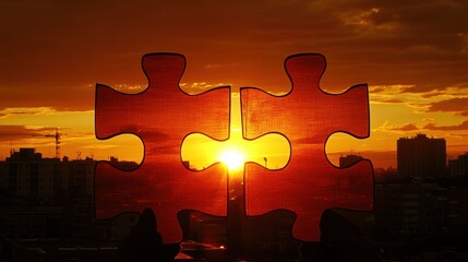 Two Puzzle Pieces Framing a Sunset over a Cityscape