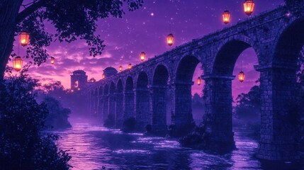 Canvas Print - Twilight scene with aqueduct lit by lanterns water reflects soft glow under starry sky