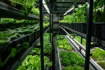 Indoor vertical farm showcasing vibrant green lettuce and leafy greens with rows of plants under grow lights in a controlled environment