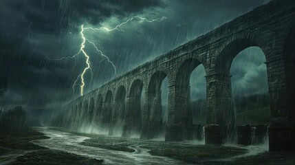 Wall Mural - Aqueduct in storm lightning strikes illuminate sky rain pouring in heavy sheets below