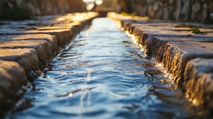 Wall Mural - Water flows over ancient aqueduct stones sunlight reflecting on ripples and textures