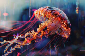 Poster - A vibrant jellyfish gracefully glides through the water, showcasing its bioluminescent colors while delicate tendrils trail behind in an underwater environment