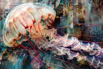 Poster - A vibrant jellyfish gracefully glides through the water, showcasing its bioluminescent colors while delicate tendrils trail behind in an underwater environment