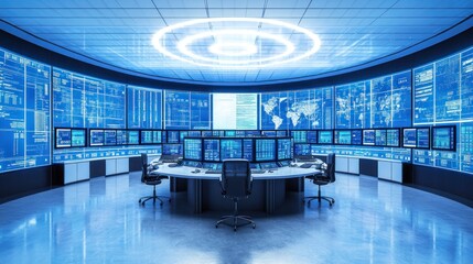 Fototapete - Futuristic Command Center with Monitors Displaying Data and a World Map