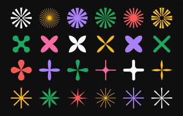 Wall Mural - Abstract futuristic geometric shapes in trendy retro groovy, Y2K style, vintage. Colored isolated stars, flowers, rays on black background. Flat label sticker elements. Vector Illustration EPS10.