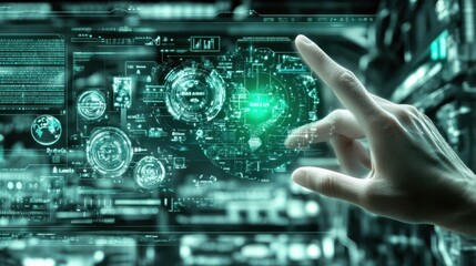 Aufkleber - Hand Interacting with Futuristic Green Digital Interface