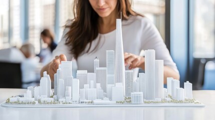 Poster - A Woman Examining a Detailed White Architectural Model of a City
