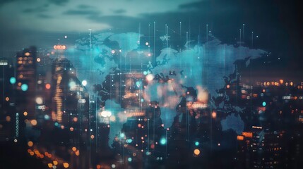 Poster - A blurred cityscape at night with a digital world map superimposed over it. The map is made of interconnected lines and dots, representing global connectivity.