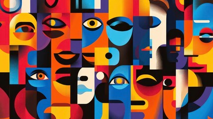 Poster - Abstract geometric pattern with multiple faces in various colors.