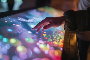 Fototapete - A person interacting with a vibrant, illuminated touchscreen display in an interactive art installation at night, showcasing colorful patterns and designs