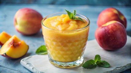 Refreshing peach mango slush served in a glass with fresh fruit nearby on a wooden surface