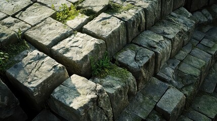 Wall Mural - Fractured section of coliseum wall jagged stone edges with moss and vines in cracks