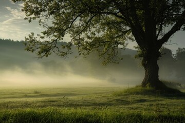 Aufkleber - Serene misty morning over lush green hills and a solitary farmhouse nestled in the rolling countryside at dawn