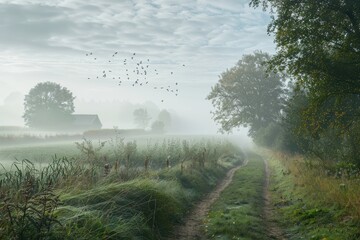 Aufkleber - Serene misty morning over lush green hills and a solitary farmhouse nestled in the rolling countryside at dawn
