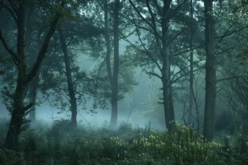 Poster - A serene forest landscape at dawn with mist enveloping trees and a gentle stream reflecting soft light in a tranquil woodland setting