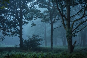 Poster - A serene forest landscape at dawn with mist enveloping trees and a gentle stream reflecting soft light in a tranquil woodland setting