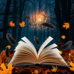 Open magic book with flying autumn leaves and raven black feathers and glowing magical light. Halloween night season background poster. Witchcraft, spell,