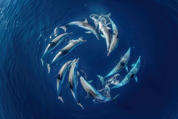 Poster - Dolphins swim in a circular formation in crystal clear waters during a sunny afternoon, showcasing their playful behavior and social interaction in a vibrant marine environment