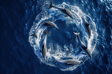 Poster - Dolphins swim in a circular formation in crystal clear waters during a sunny afternoon, showcasing their playful behavior and social interaction in a vibrant marine environment