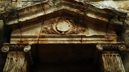 Poster - Close-up of Roman temple doorway with intricate carvings and weathered stone