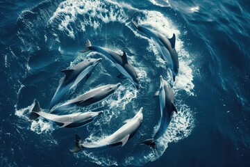 Poster - Dolphins swim in a circular formation in crystal clear waters during a sunny afternoon, showcasing their playful behavior and social interaction in a vibrant marine environment