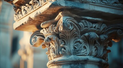 Poster - Detailed carvings of acanthus leaves on Roman column capital softly lit