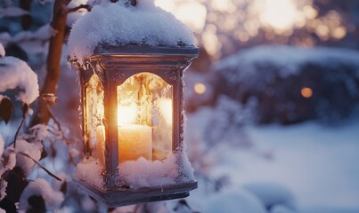 Close-up of a snow-covered lantern, with its cold metal frame and warm candlelight creating a cozy winter texture