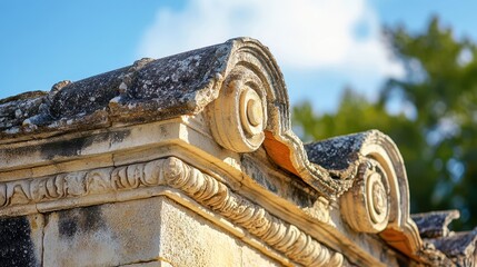 Poster - Roofline of Roman temple with ornate stone cornices gaps where stone has crumbled