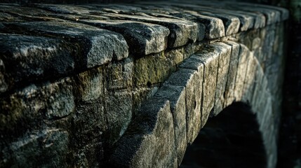 Wall Mural - Stones at base of Roman bridge arch cracked surface with moss growing bright light enhancing rough texture