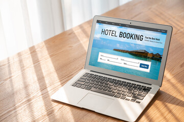 Online hotel accommodation booking website provide modish reservation system . Travel technology concept .