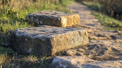 Wall Mural - Detailed view of weathered Roman road stones their rounded tops worn smooth over centuries