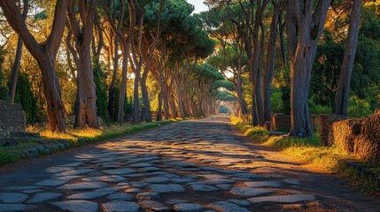 Poster - Roman road running through a forest trees lining both sides and sunlight creating patterns on the stones