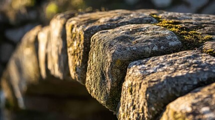 Sticker - Close-up of precise interlocking stones in a Roman bridge arch cracks and moss growing between the blocks