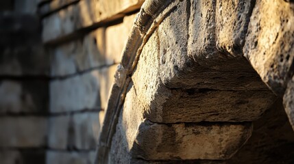 Wall Mural - Close-up of a Roman bridge keystone slightly eroded but still secure with cracks and sunlight revealing details